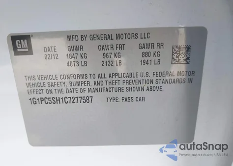 2012 Chevrolet Cruze Ls from USA, damaged, VIN 1G1PC5SH1C7277587